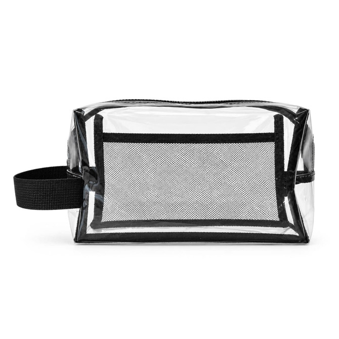 A clear cosmetic bag with a black mesh panel and a black handle. It features a zip closure and a simple design.