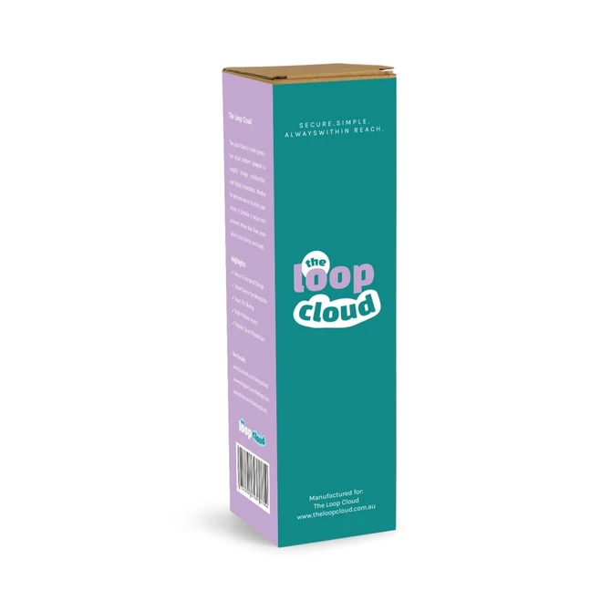 A teal rectangular box featuring a logo, with white and purple text on the sides.