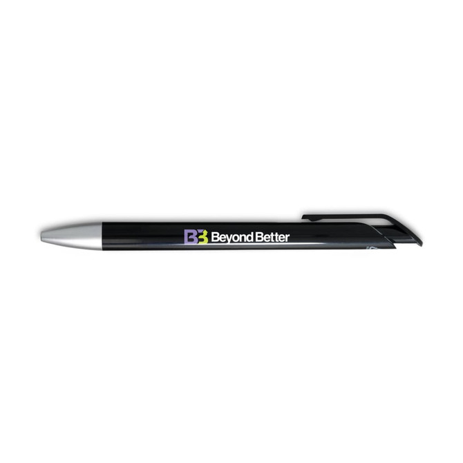 A gel ink pen in black with a silver tip, featuring a logo on the barrel.