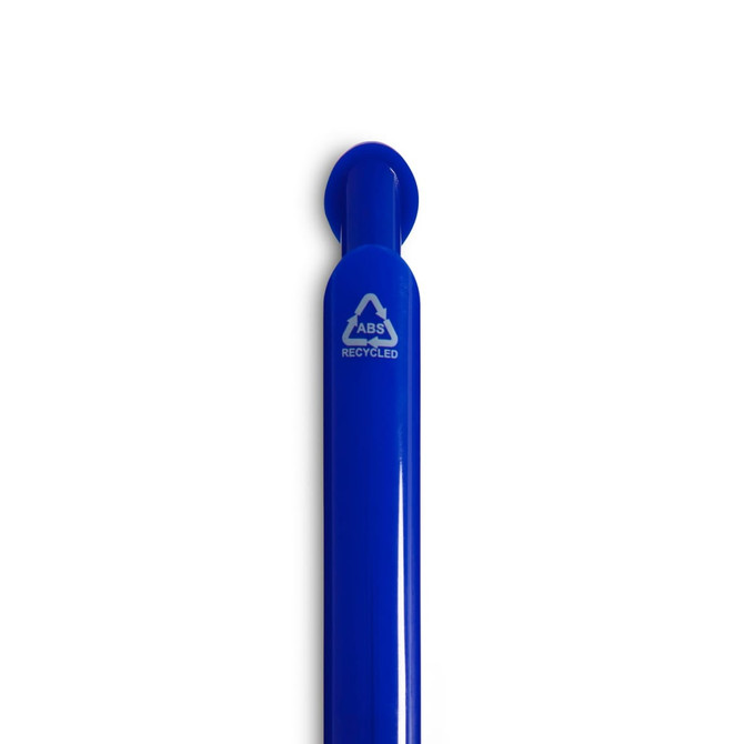 A blue gel ink pen featuring a recycled material logo and a sleek design.