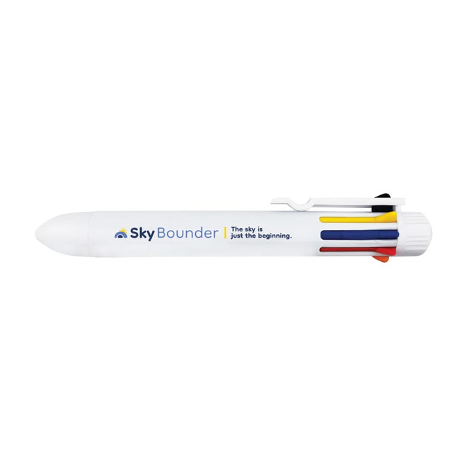 A white pen with a clip and colourful accents, featuring a logo on the side.