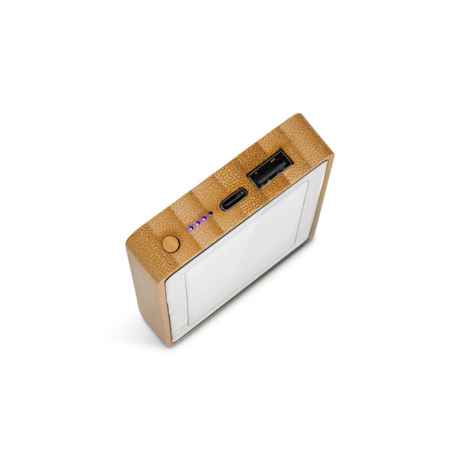 A bamboo power bank with a sleek design, featuring USB ports and LED indicators.
