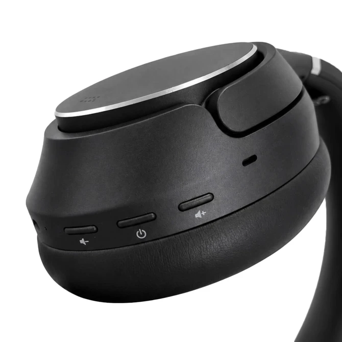 Black headphones featuring control buttons and a sleek design with a metallic accent. Includes a logo on the side.