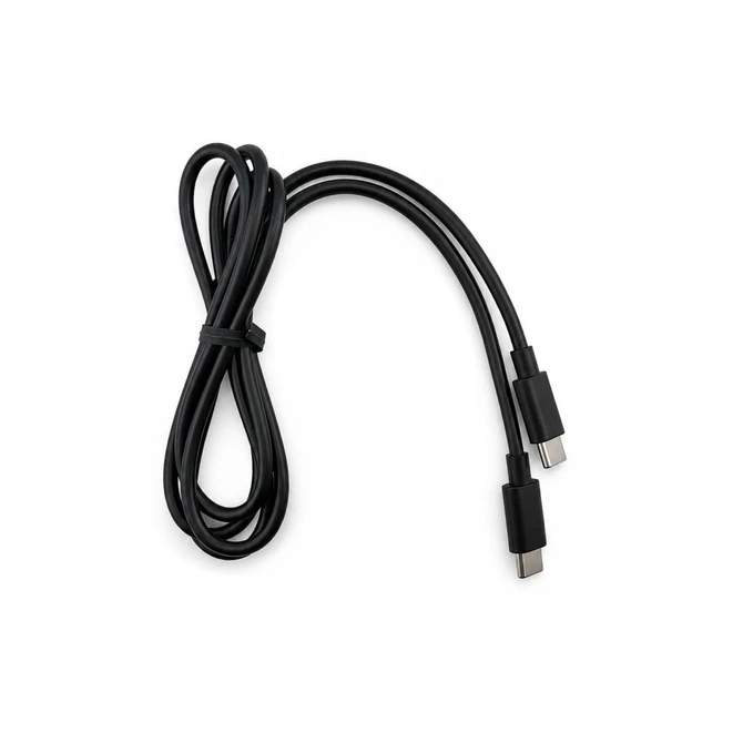 A black USB-C cable with two connectors, coiled and secured with a band.