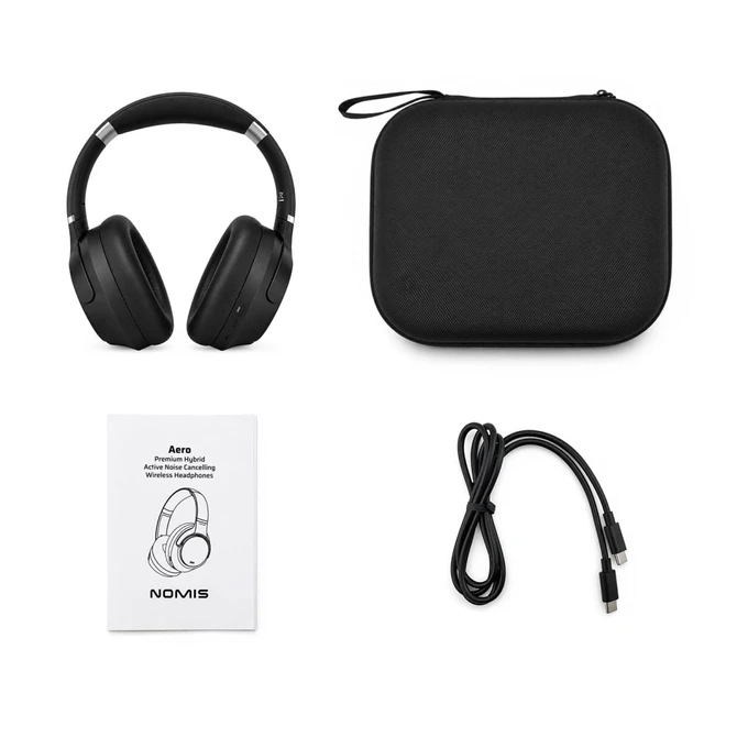 Black wireless headphones along with a carrying case, a user manual, and a charging cable.