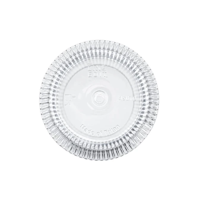 A clear, round tumbler with a textured rim, featuring a logo and a capacity of 450ml.