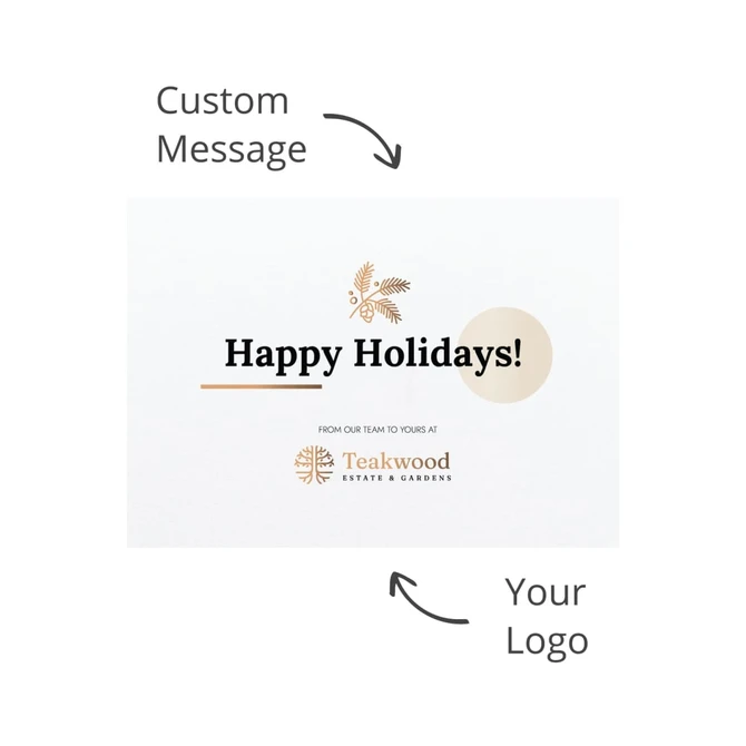 A festive card with a light background featuring holiday greetings and space for a custom message and logo.
