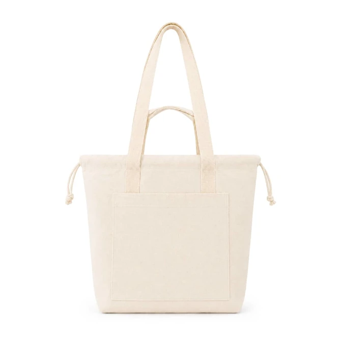 A cream-coloured tote bag with a front pocket and two handles. It features a branding logo.