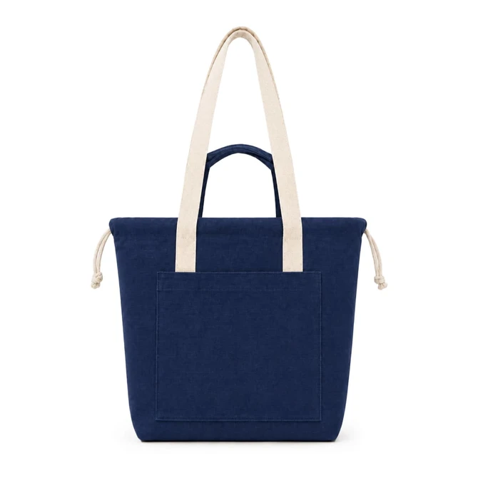 A navy blue tote bag with cream handles and a front pocket, featuring a logo on the front.