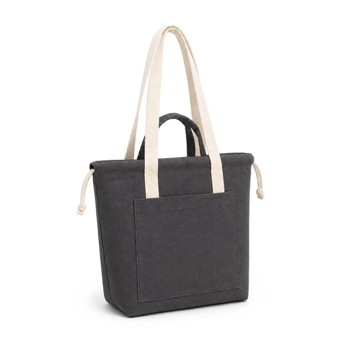 A dark grey tote bag with contrasting cream handles and a front pocket, featuring a branded logo.