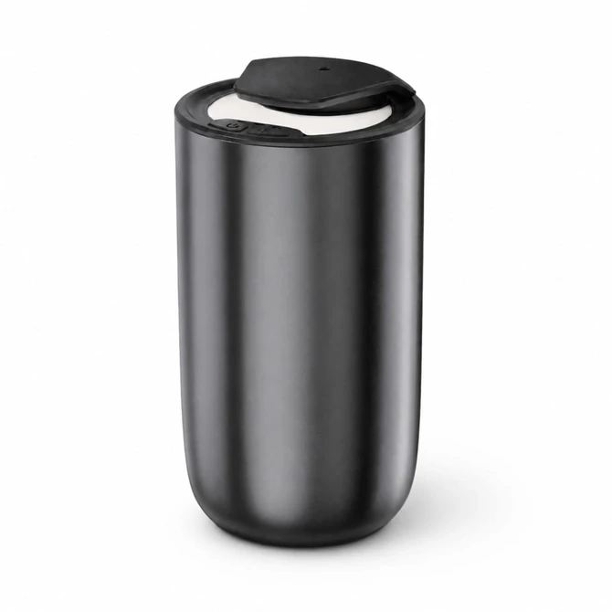 A sleek black diffuser with a lid, featuring a simple design and a logo on the side.