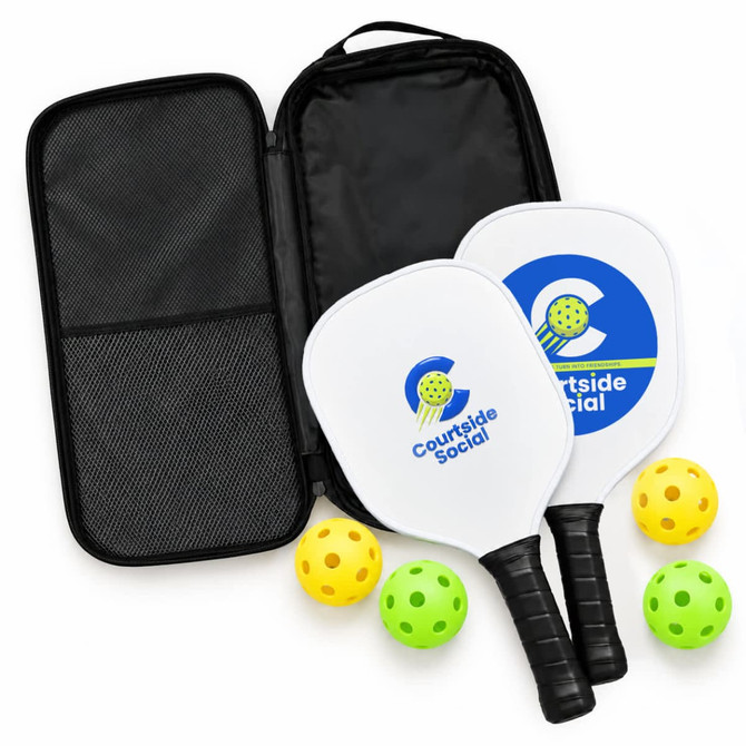 A pickleball set featuring two paddles, a zippered case, and three balls in yellow and green.