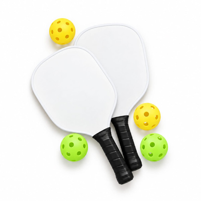 Two white pickleball paddles with black grips and three colourful balls in yellow and green surrounding them.
