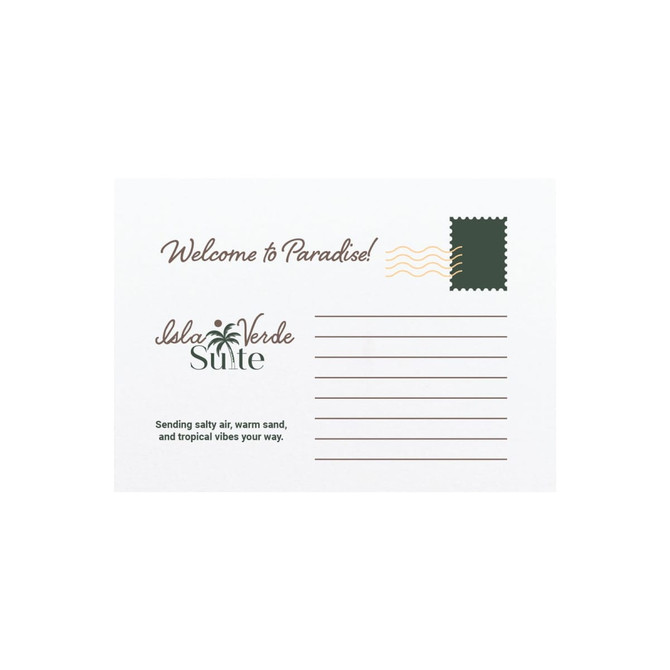 A postcard featuring a palm tree design, with a green and white colour scheme and a space for writing.