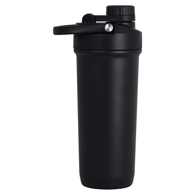 A drink bottle in matte black, featuring a screw-on lid and a flip-top spout, and includes a logo.