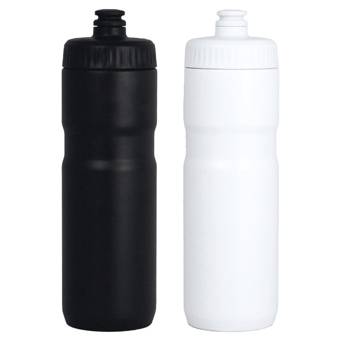 A drink bottle set featuring one black and one white 750ml bottle, both with screw-on lids and logos.