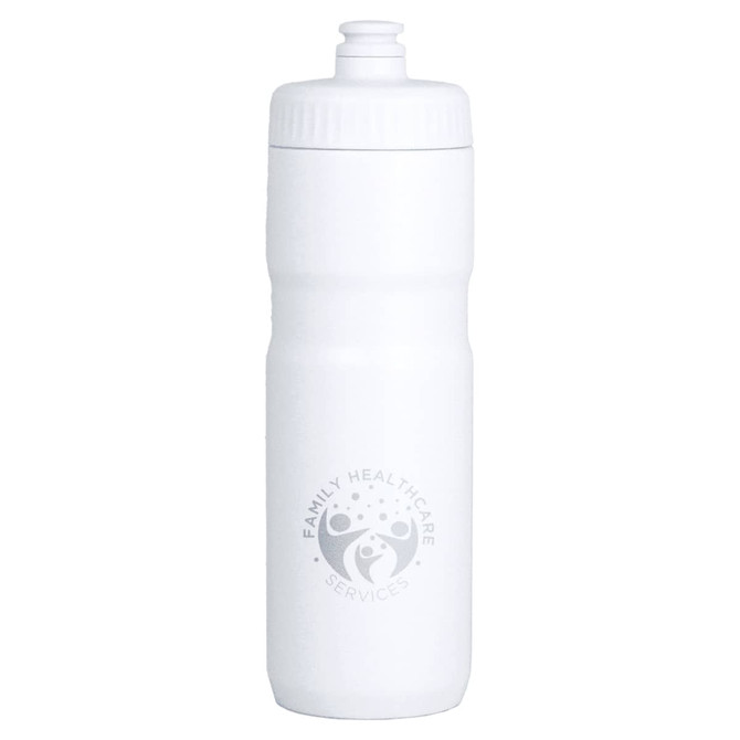 A drink bottle in white with a secure screw cap and a logo printed on the front. Holds 750ml of liquid.