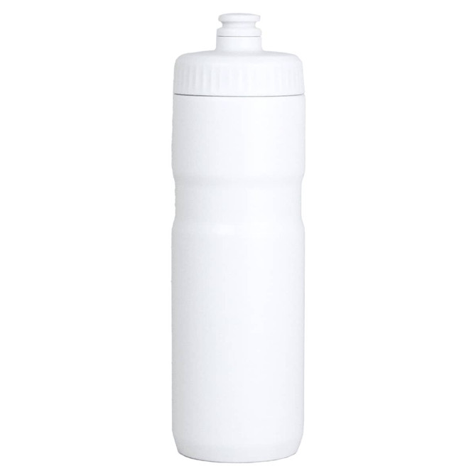 A drink bottle in white, featuring a flip-top lid and an ergonomic design, with a branding logo on the side.