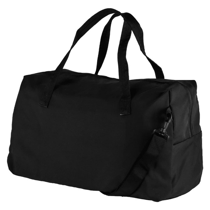 A black duffel bag with dual handles and an adjustable shoulder strap, featuring a small logo.
