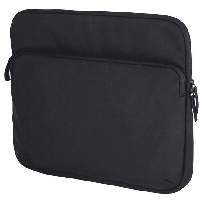 A black laptop sleeve with a zippered main compartment and an additional front pocket. Features a logo.