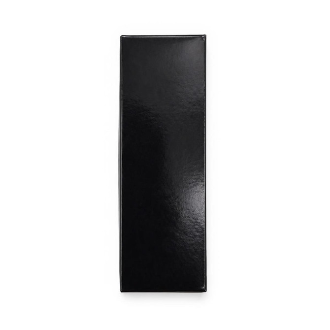 A sleek, black rectangular box with a glossy finish, featuring a logo on one side.