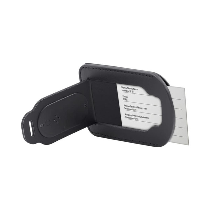 A black luggage tag with a foldable design, featuring a clear slot for personal information. Includes a logo.