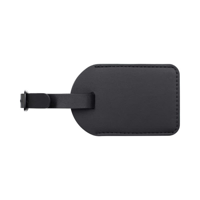 A black luggage tag with a loop attachment, featuring a smooth surface and rounded edges.