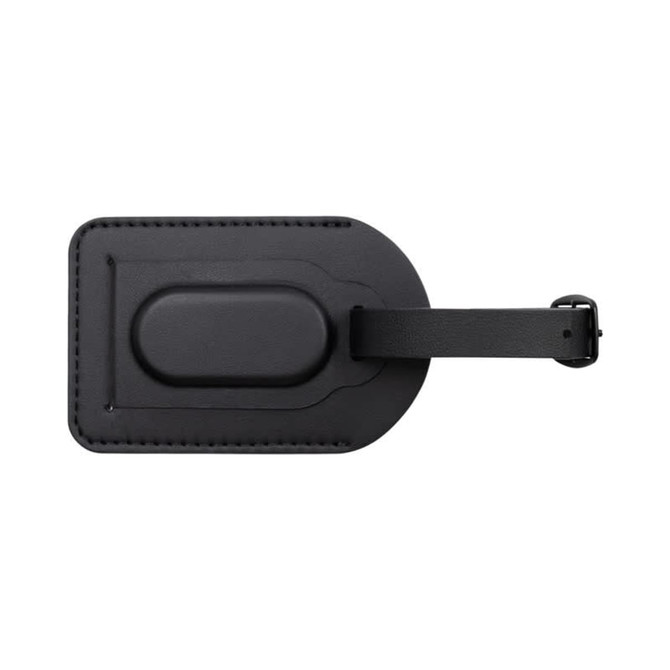 A black luggage tag with a textured surface and an adjustable strap, featuring a branding logo.