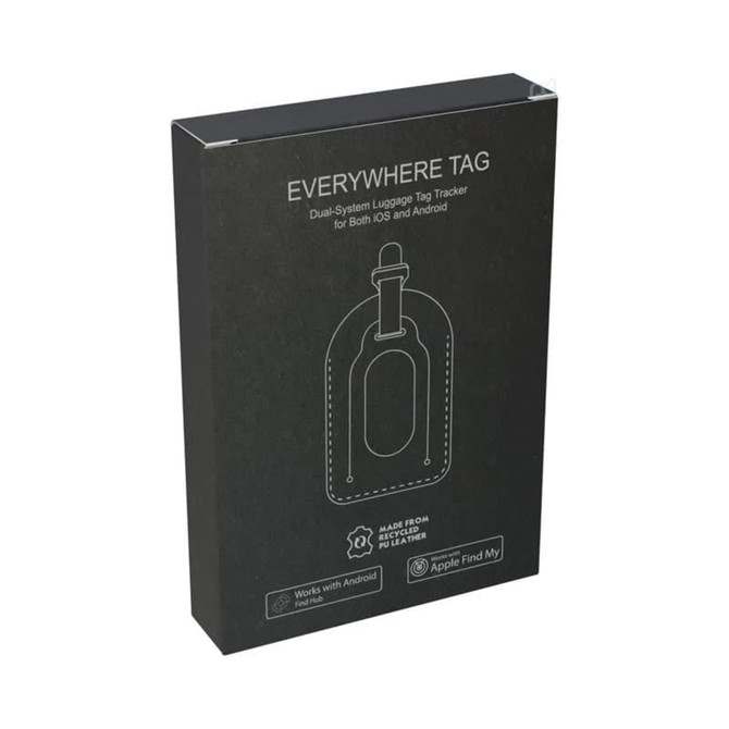 A black packaging box featuring an illustration of a luggage tag. Includes a logo and product details.