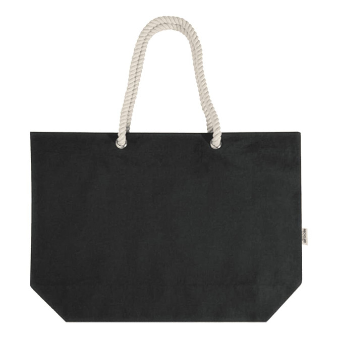 A black tote bag with a rope handle and a fabric logo tag.