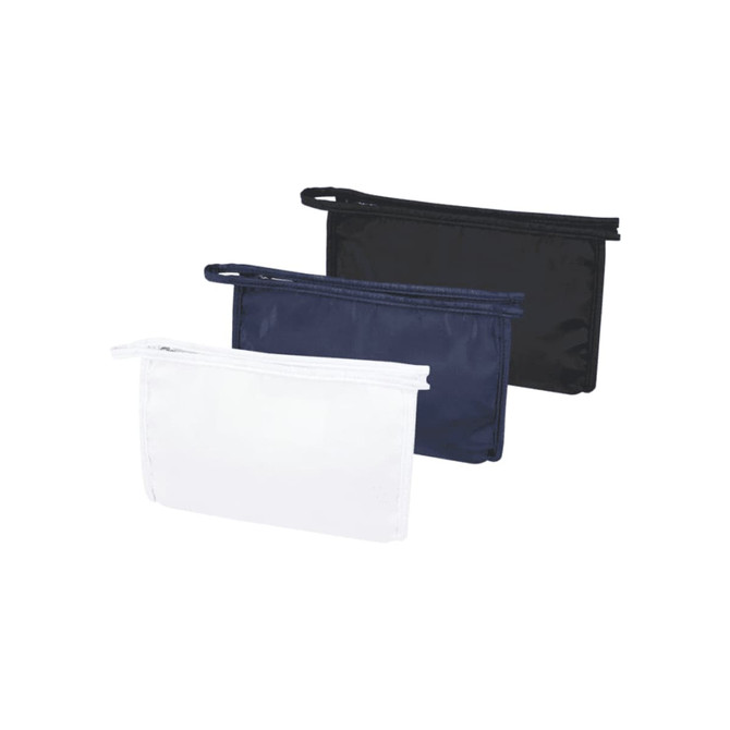 Three toiletry pouches in white, navy blue, and black, each with a zip closure and a handle.