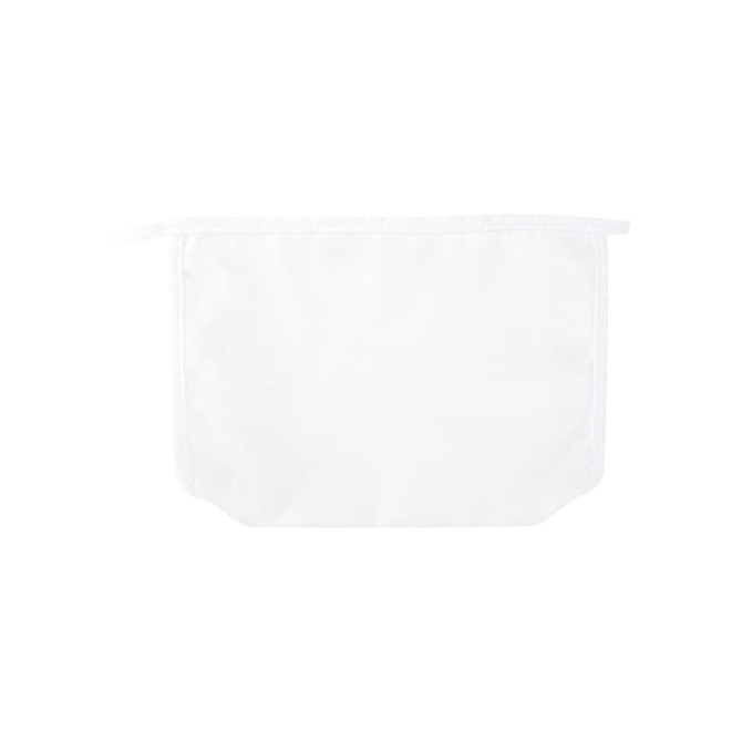 A white toiletry pouch with a zip closure and a logo. It has a simple, minimalist design.