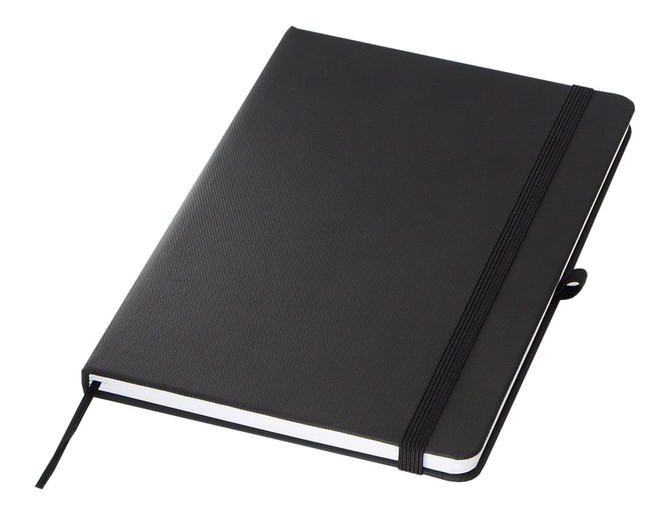 A black A5 notebook with a textured cover and an elastic band closure, featuring a ribbon bookmark.