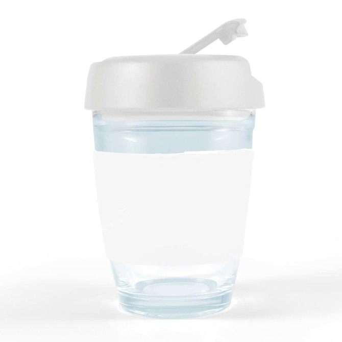 A reusable coffee cup in clear glass with a white flip lid and blank white band. Features a logo.