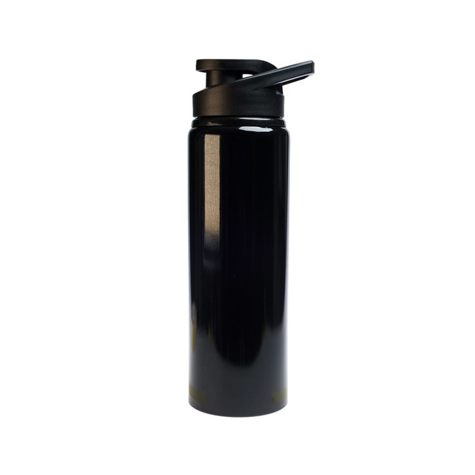 A drink bottle featuring a sleek black design and a free flow lid, with a capacity of 750ml.