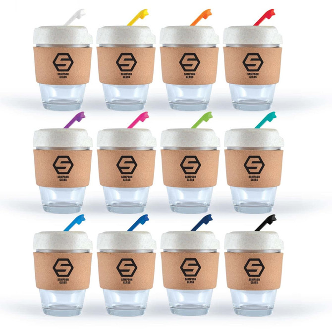A collection of reusable coffee cups with cork bands and colorful straws in various colors arranged in a grid pattern.