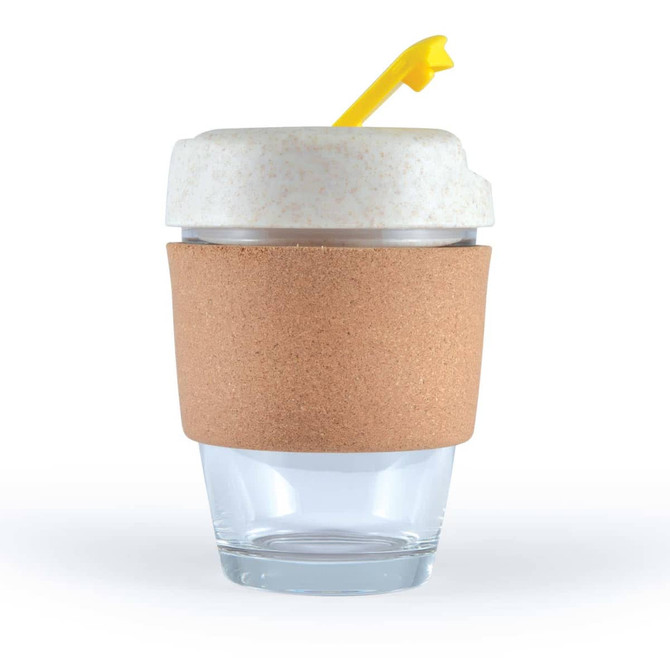 A reusable coffee cup featuring a clear glass body with a cork band and a light-colored lid topped with a yellow straw.