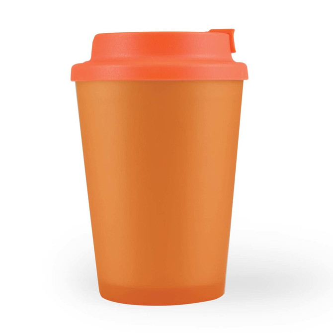 An orange reusable coffee cup with a comfort lid and a smooth finish. It features a logo on the side.