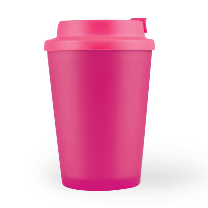 A reusable coffee cup with a bright pink design and a matching comfort lid.