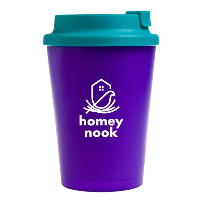 A reusable coffee cup with a purple body and a teal comfort lid, featuring the logo "homey nook" on the front.
