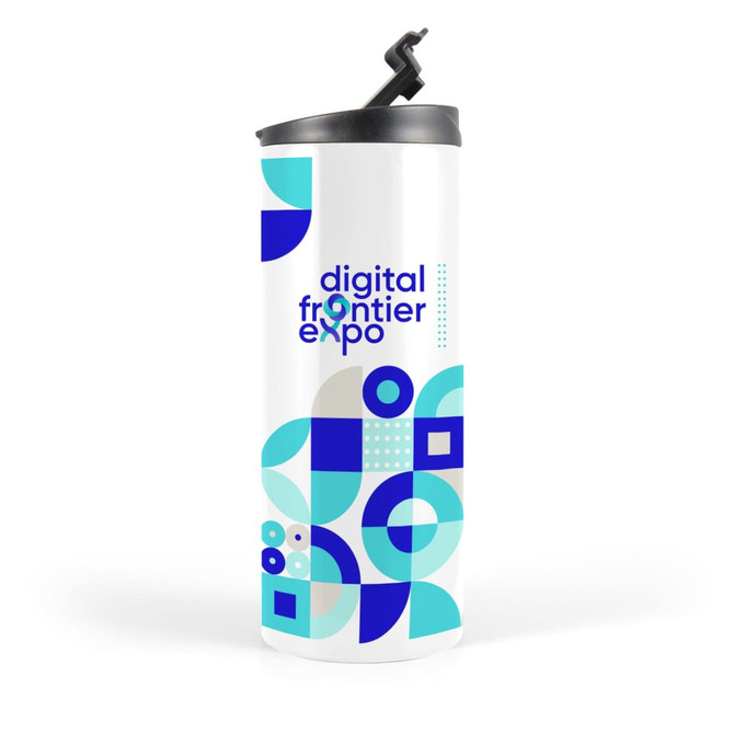A travel mug in white featuring a geometric design in blue and teal, with a black lid and a logo.