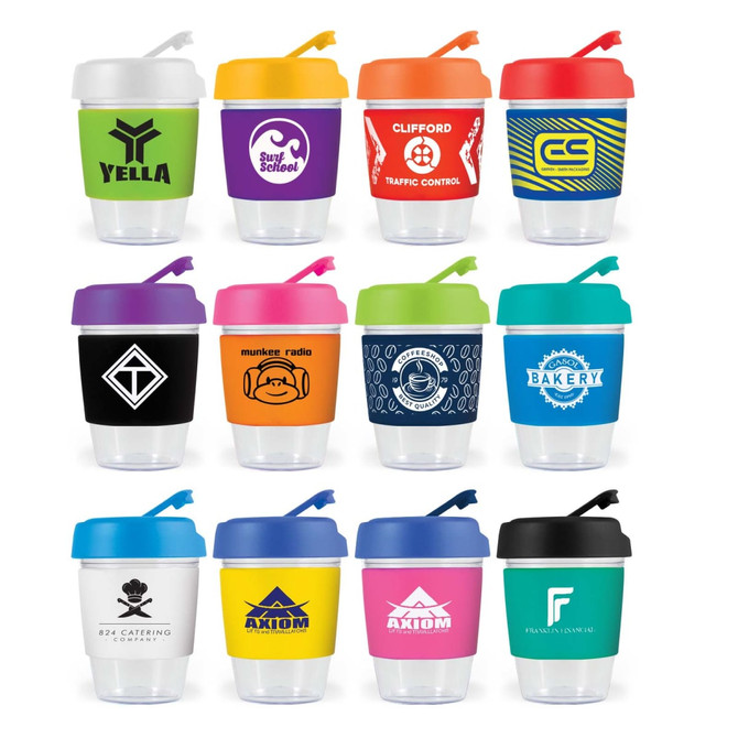 A collection of reusable coffee cups in various colors with silicone bands and a logo on each cup.