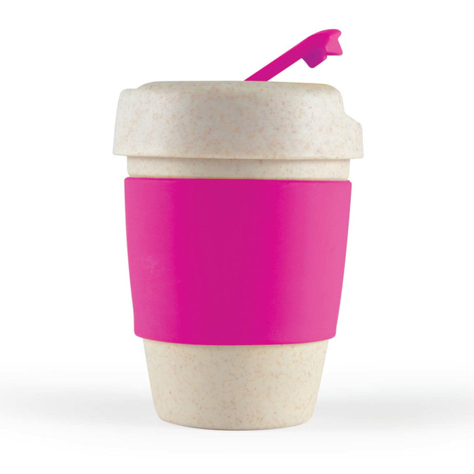 A reusable coffee cup in cream color with a pink silicone band and lid. It features a logo on the side.