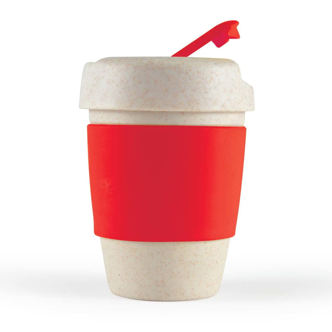 A reusable coffee cup featuring a beige body and a bright red silicone band, complete with a red lid and straw.