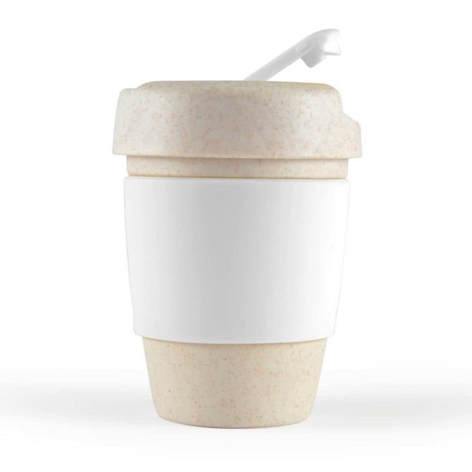 A reusable coffee cup in cream with a silicone band, featuring a lid and a simple design. It has a logo.