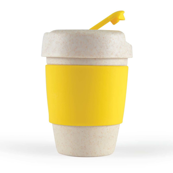 A reusable coffee cup in a speckled white design with a bright yellow silicone band and lid.