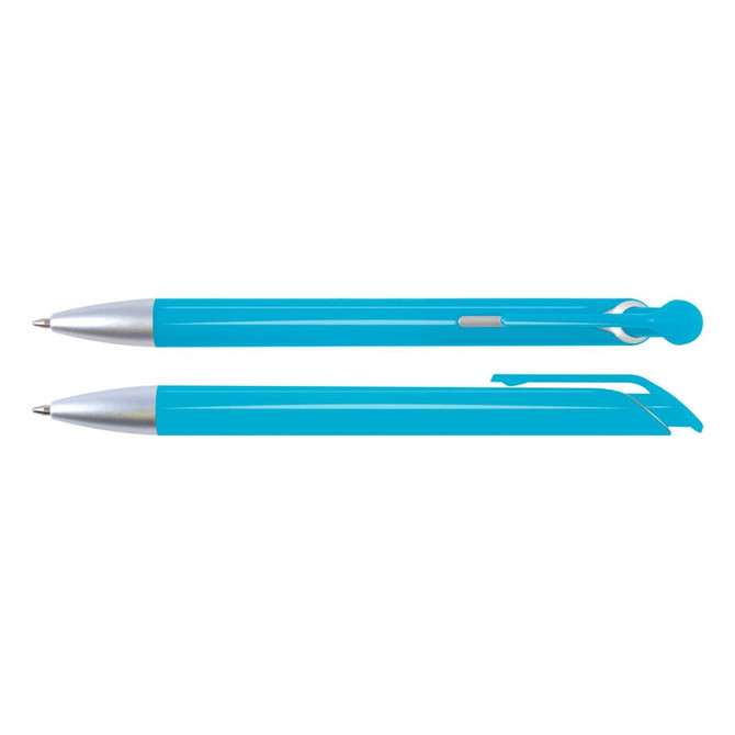 A plastic pen in a vibrant turquoise color with a silver clip and accents, featuring a sleek, streamlined design.