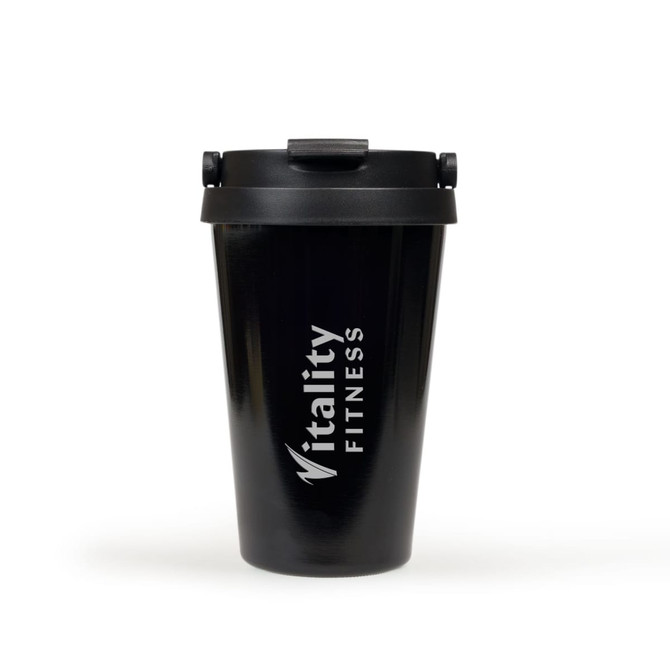 A drink bottle with a black finish, featuring a secure lid and a logo. Ideal for travel and fitness use.
