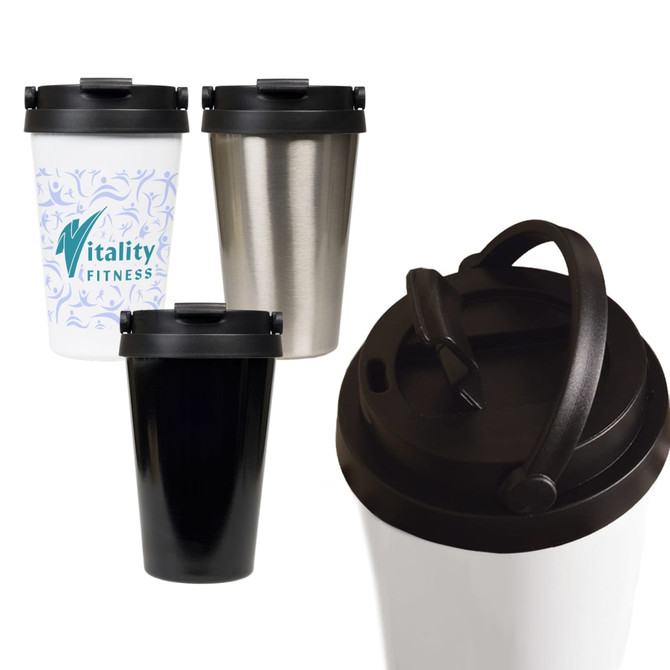 A drink bottle set featuring three Milano Vacuum Cups in white, black, and stainless steel with a black lid and handle.