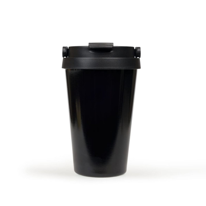 A black vacuum cup with a secured lid, featuring a sleek, glossy finish and a branding logo.